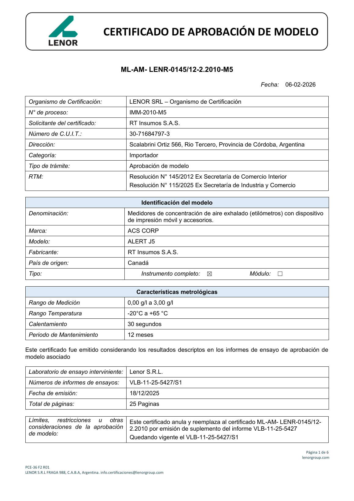Portada del certificado argentino de aprobación de modelo Alert J5